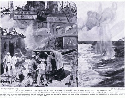 The Scene Amongst the Gunners of the Carmania During the Action with the Cap Trafalgar by Charles Edward Dixon